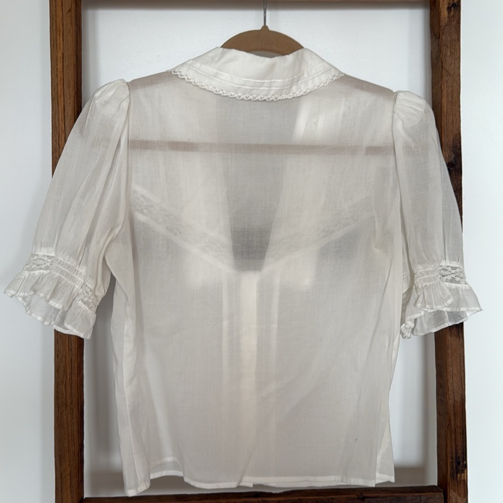 Reformation Ivory Puff Sleeve Lace Trim Blouse - Picture 7 of 7